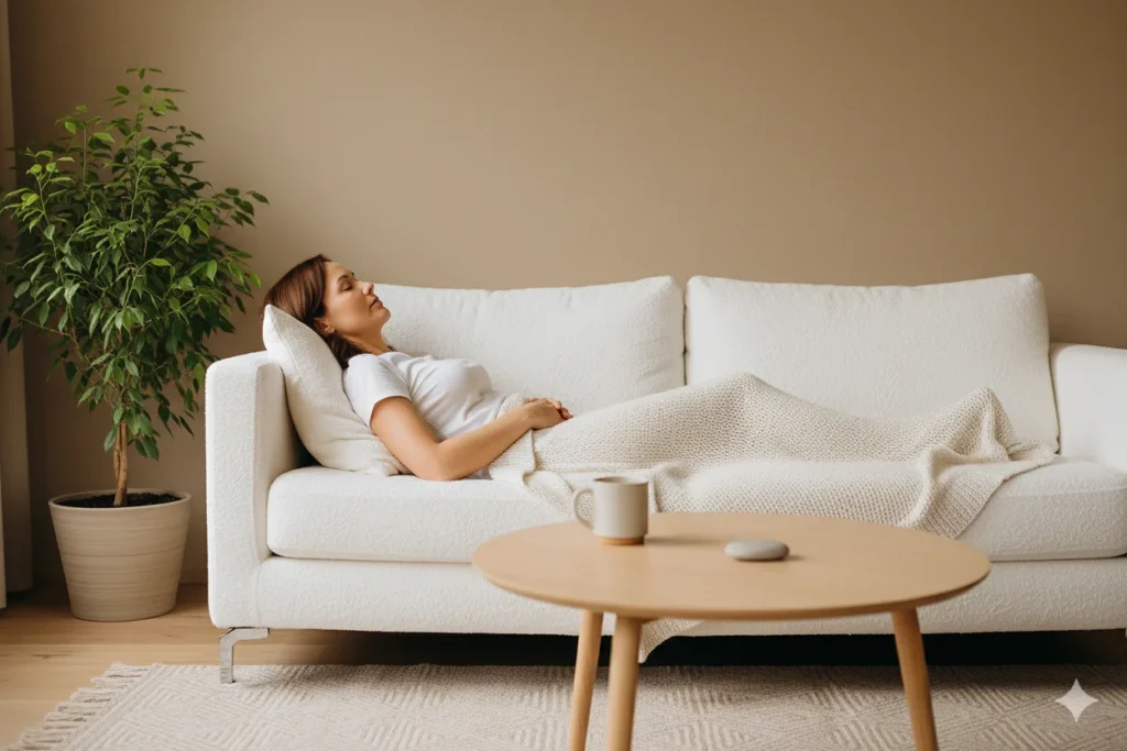 7 1 A woman is in a relaxed position on a couch, practicing a concentration method